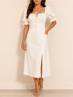 White LICHI Puff-Sleeve Midi Dress S Side Slit Drawstring Neck Milkmaid Bridal